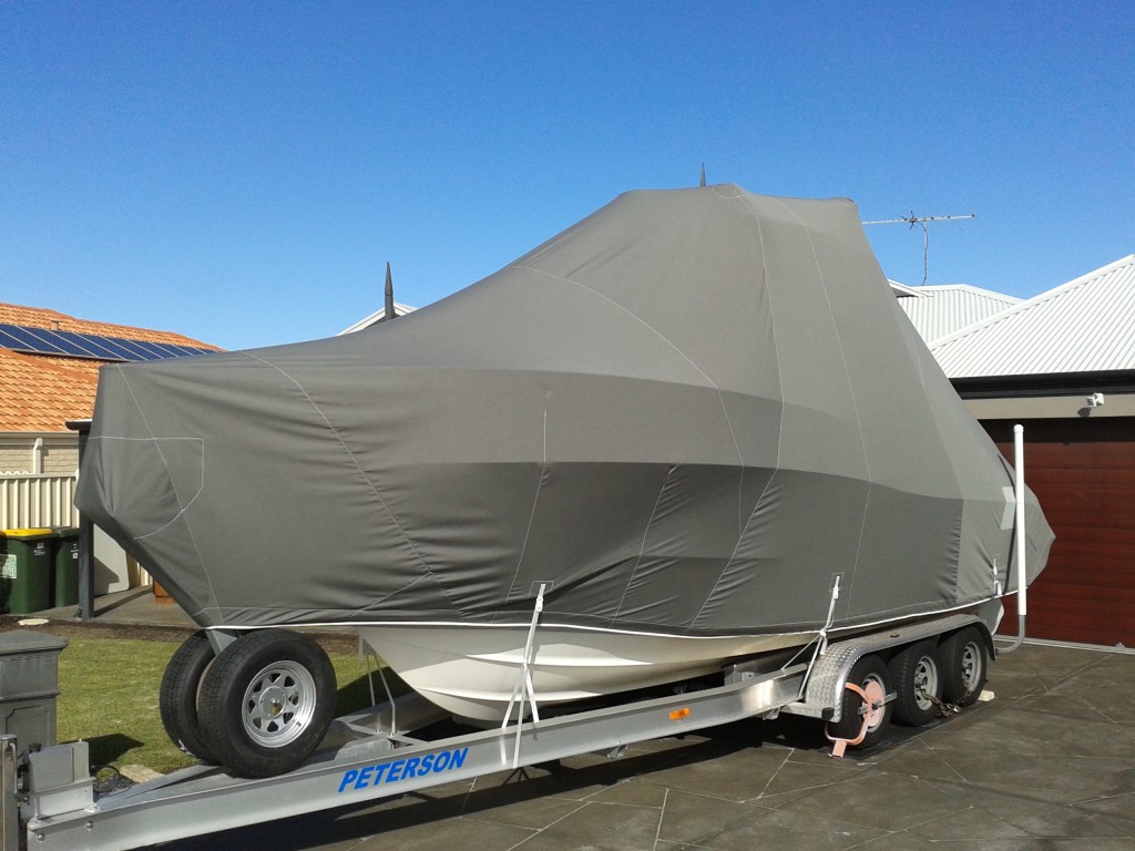 Full boat cover, Charcoal Sunbrella2 Prestige Marine Trimmers, Boat Covers Perth, Bimini tops