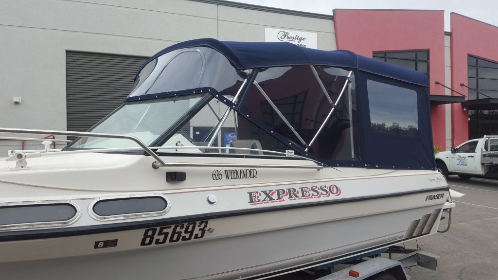 Bimini top with full camper covers Prestige Marine Trimmers, Boat